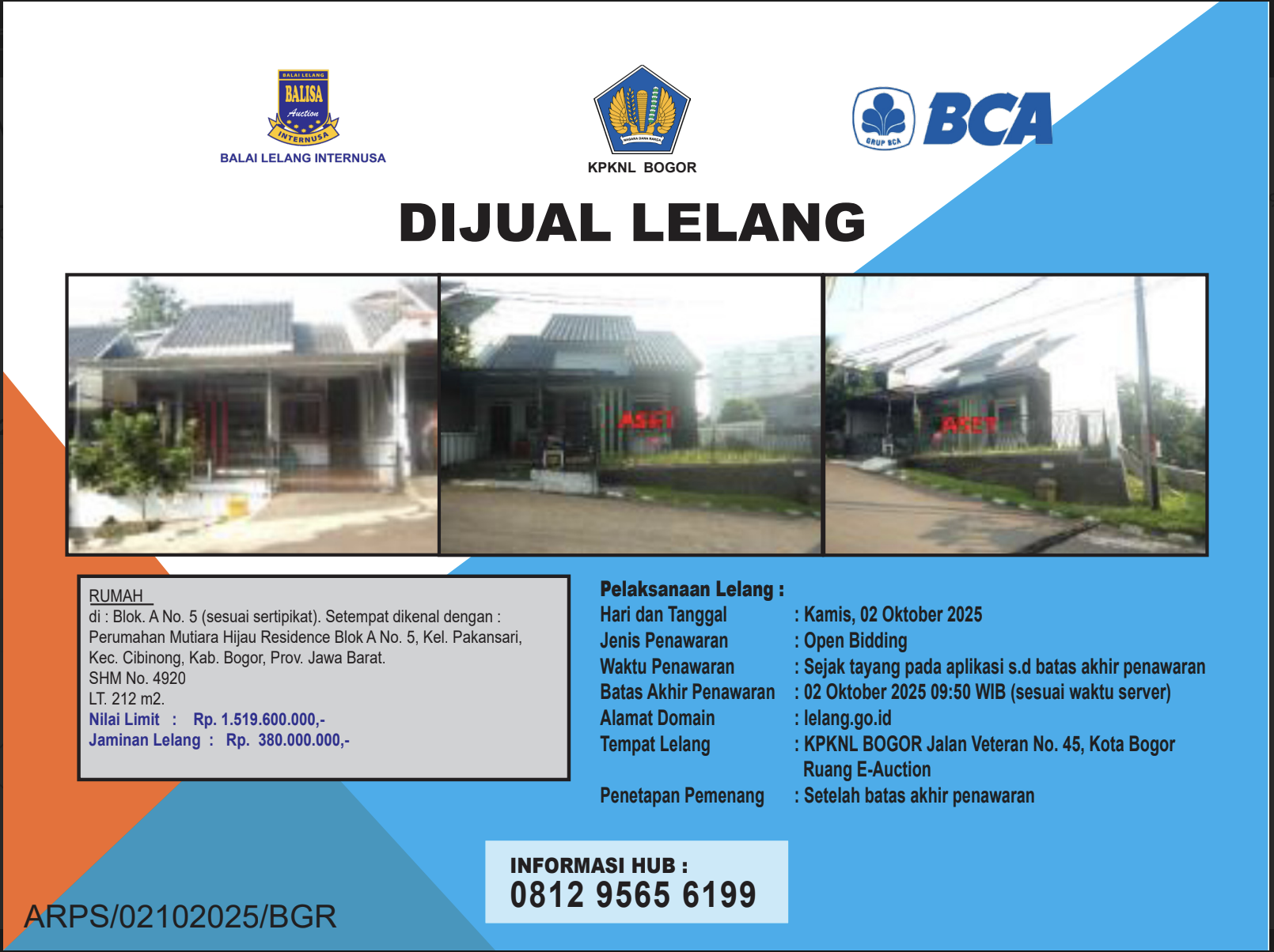 RUMAH DI PERUMAHAN MUTIARA HIJAU RESIDENCE, BOGOR DENGAN LUAS TANAH 212m2