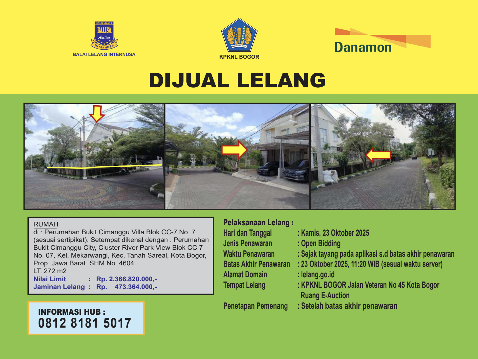 RUMAH DI PERUMAHAN BUKIT CIMANGGU VILLA, DENGAN LUAS TANAH 272m2