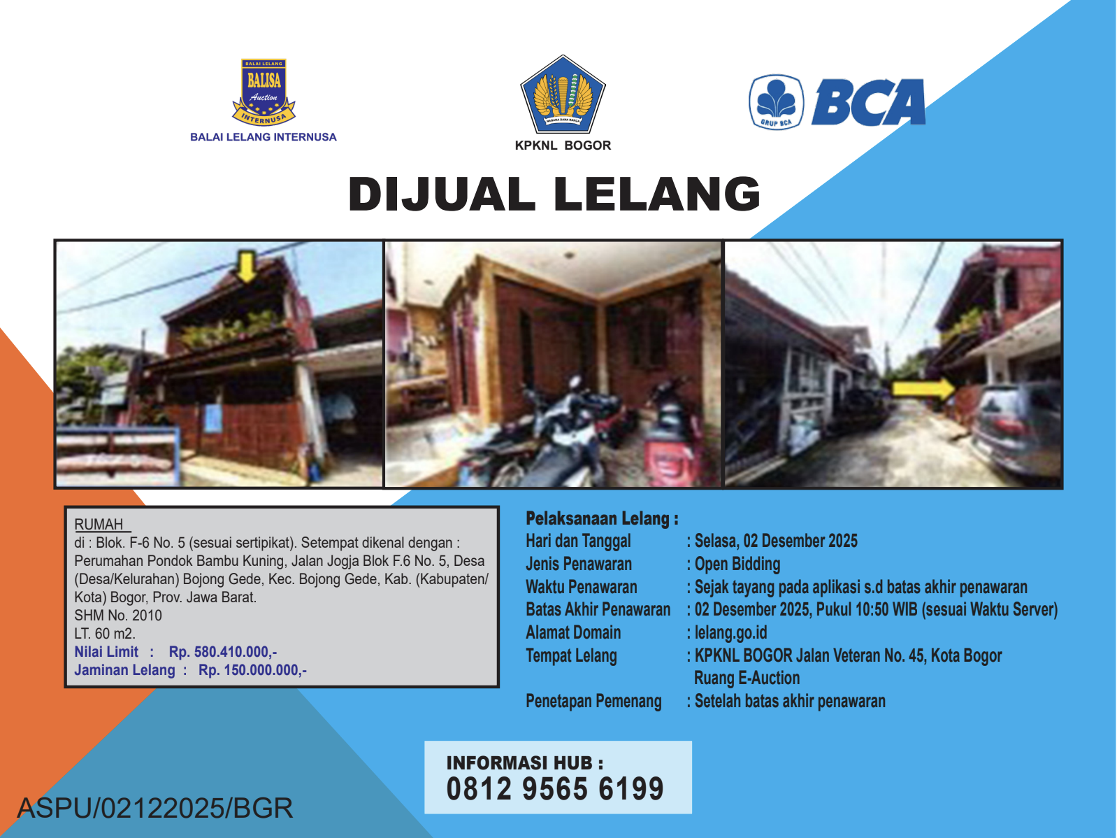 RUMAH DI PERUMAHAN PONDOK BAMBU KUNING, BOGOR DENGAN LUAS TANAH 60m2