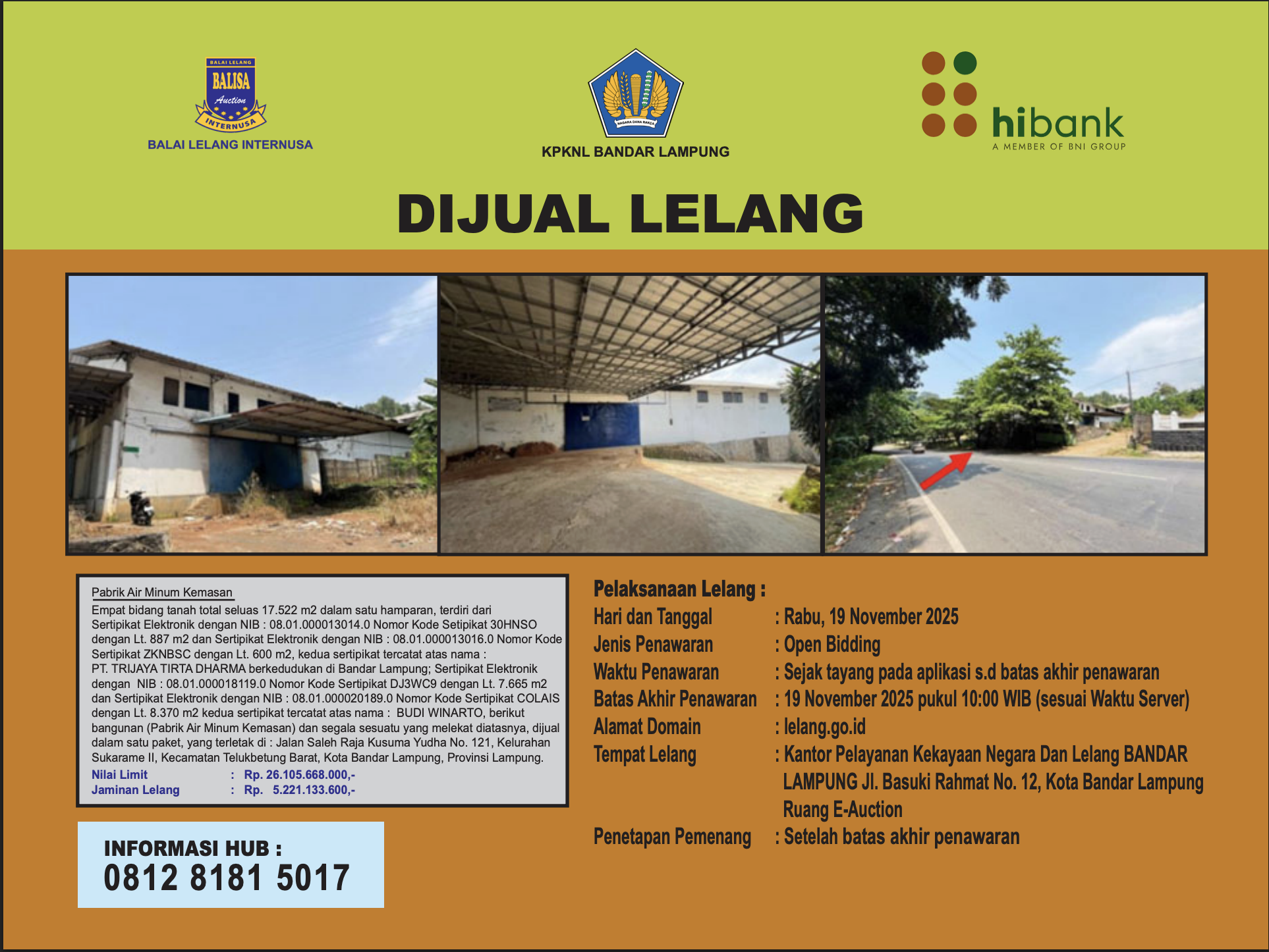 PABRIK DI JALAN SALEH RAJA KUSUMA YUDHA, LAMPUNG DENGAN LUAS TANAH 17.522m2