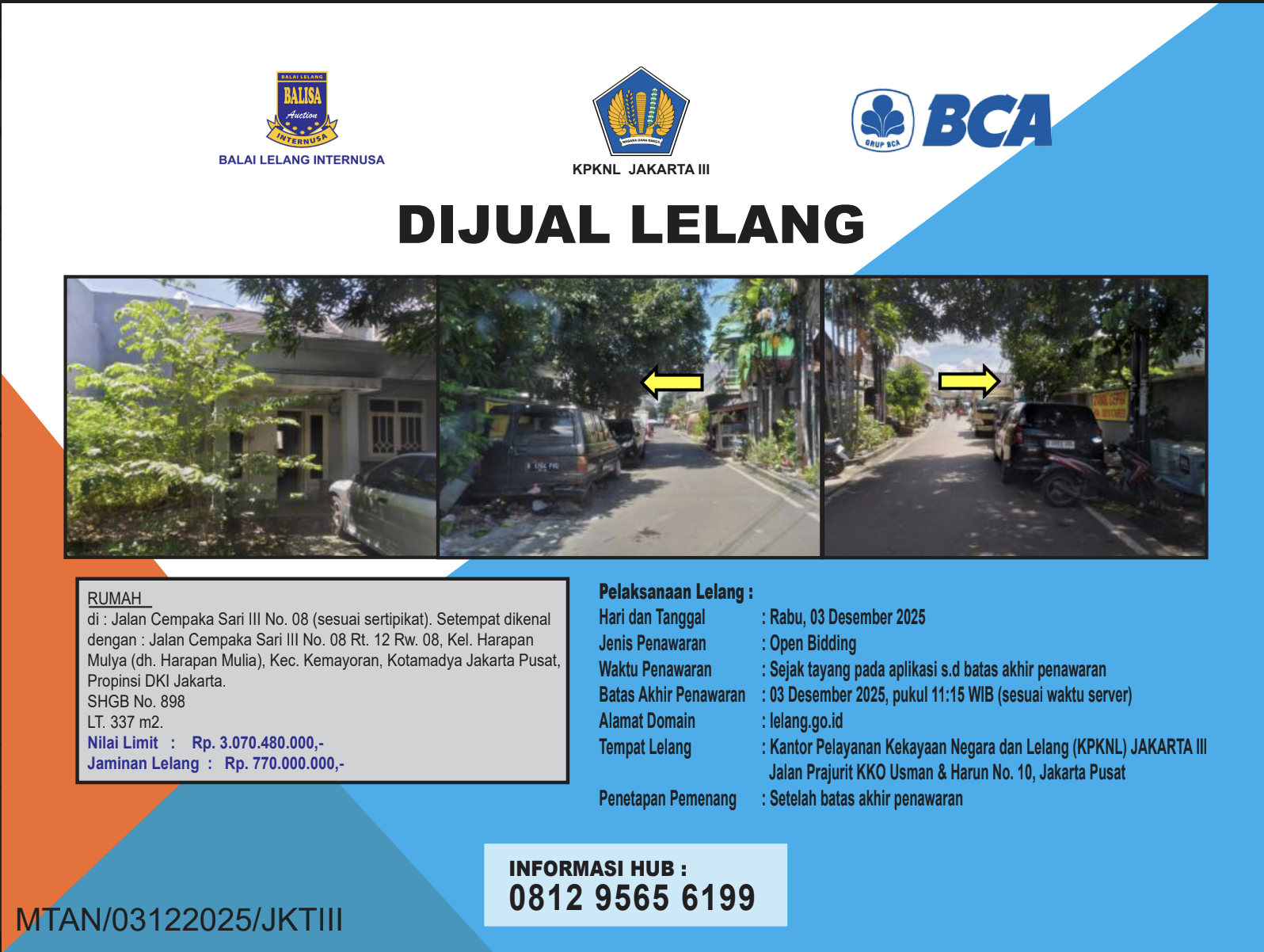 RUMAH DI JALAN CEMPAKA SARI III, JAKARTA PUSAT DENGAN LUAS TANAH 337m2