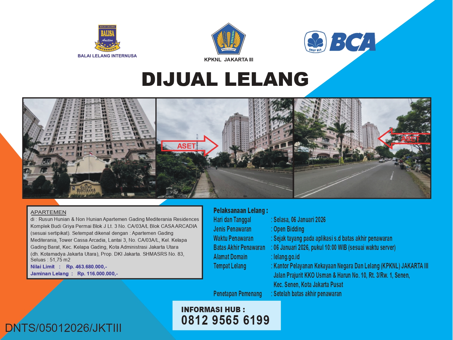 SATU UNIT APARTEMEN GADING MEDITERANIA RESIDENCES, KELAPA GADING, JAKARTA UTARA DENGAN LUAS 51,75m2