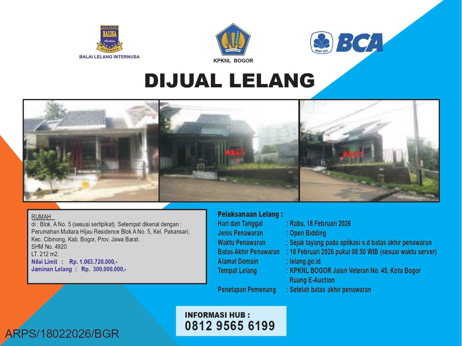 RUMAH DI PERUMAHAN MUTIARA HIJAU RESIDENCE, BOGOR DENGAN LUAS TANAH 212m2