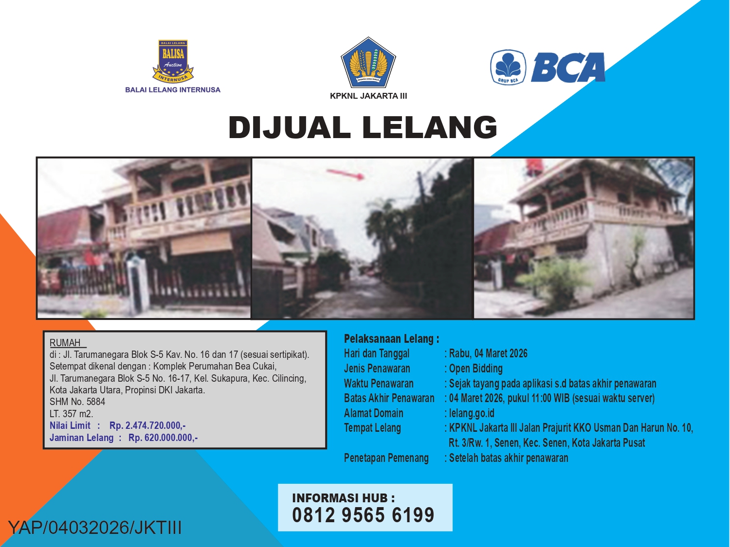 RUMAH DI JALAN TARUMANEGARA, JAKARTA UTARA DENGAN LUAS TANAH 357m2