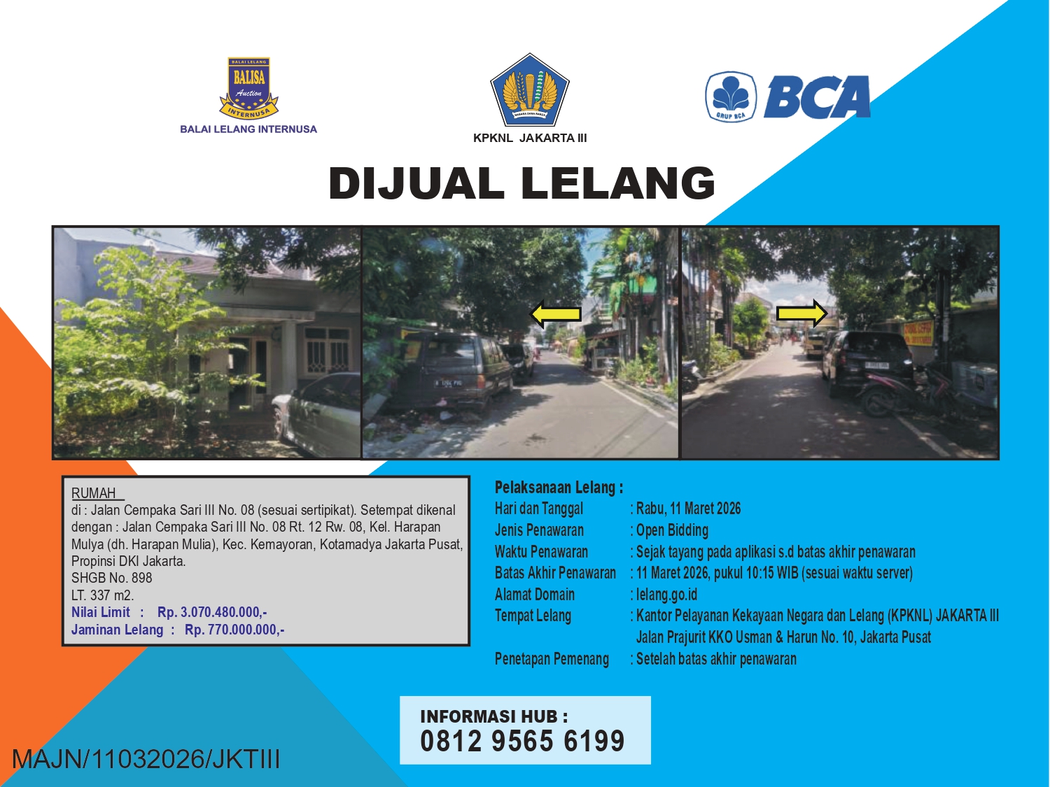 RUMAH DI JALAN CEMPAKA SARI III, JAKARTA PUSAT DENGAN LUAS TANAH 337m2