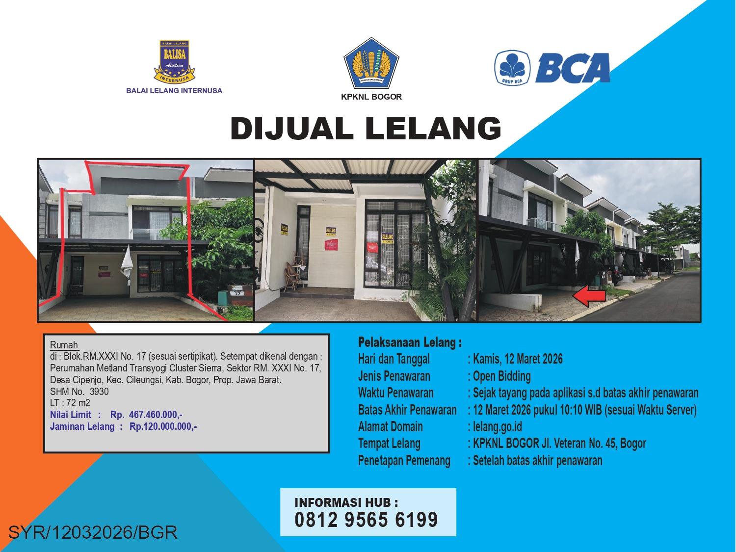 RUMAH DI PERUMAHAN METLAND TRANSYOGI, CLUSTER SIEARRA, BOGOR DENGAN LUAS TANAH 72m2