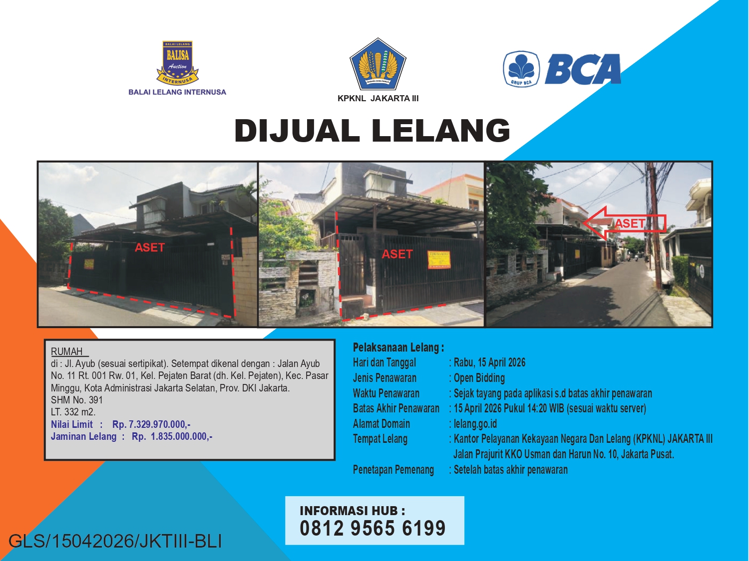 RUMAH DI JALAN AYUB, PASAR MINGGU, JAKARTA SELATAN, DENGAN LUAS TANAH 332m2