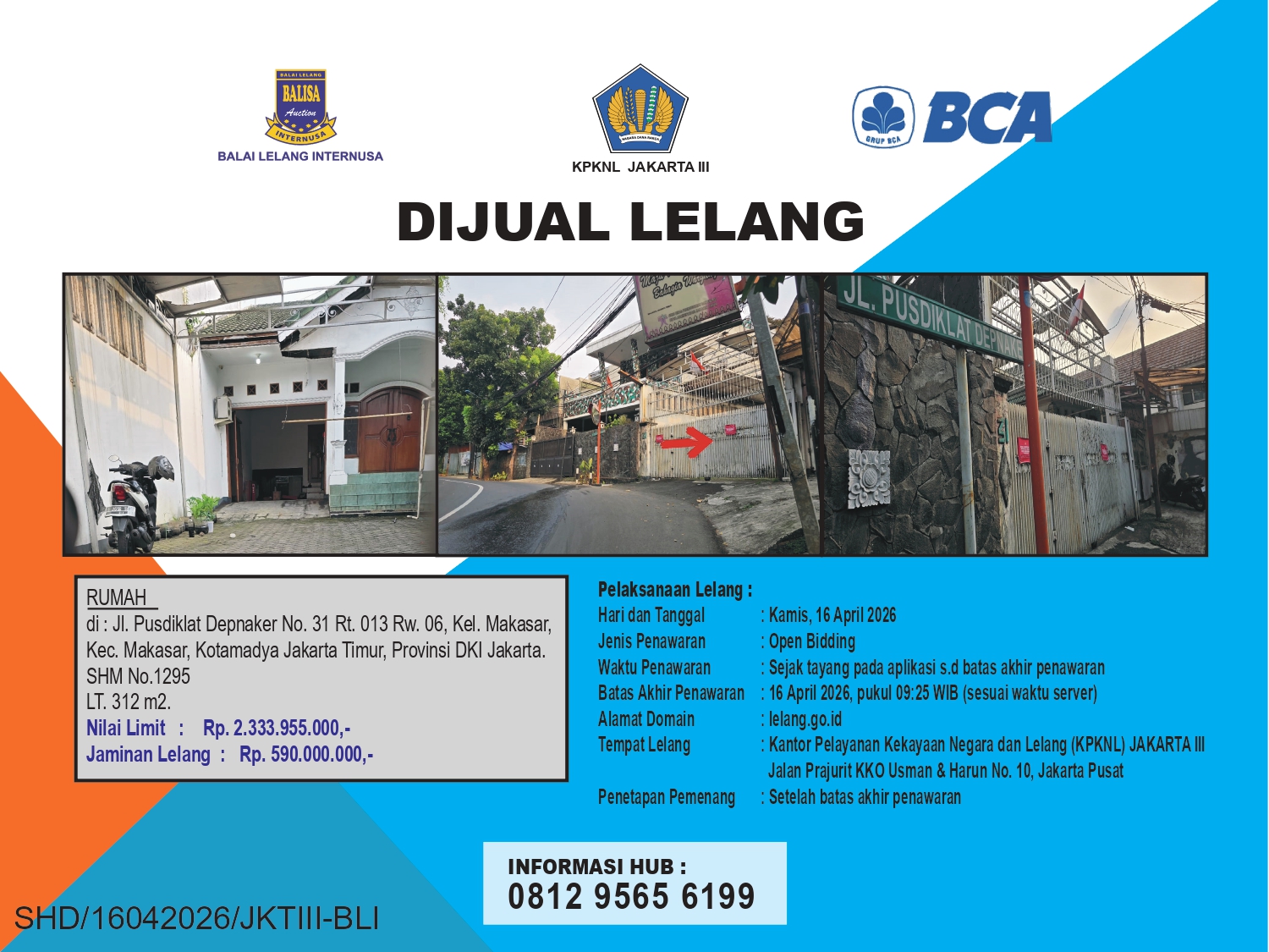 RUMAH DI JALAN PUSDIKLAT DEPNAKER, JAKARTA TIMUR DENGAN LUAS TANAH 312m2